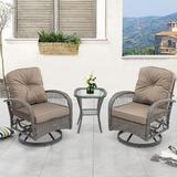 3-Piece Patio Bistro Furniture Set 360Â° Patio Rattan Wicker Swivel Rocking Chair Set with Thickened Cushions and Glass Coffee Table 275 LBS Khaki
