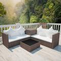 Anself 4 Piece Patio Lounge Set Cushined 2-Seater Sofas with Glass Top Coffee Table and Storage Box Conversation Set Poly Rattan Brown Outdoor Sectional Sofa Set for Garden Balcony Lawn Deck