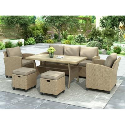 Best Ing Rattan Wicker Patio Furniture 6 Piece Sofa Set With 3 Seat Chairs Stools Dining Table All Weather Conversation Cushions For Backyard Garden Pool L4850 Accuweather - All Weather Patio Table Set