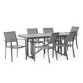 Noble House Odom 7 Piece Industrial Aluminum Patio Trestle Dining Set in Gray