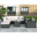 Rattan Wicker Patio Furniture 8 Piece Patio Furniture Sofa Sets with 5 PE Wicker Sofas Ottoman 2 Coffee Table All-Weather Patio Conversation Set with Beige Cushions for Backyard Porch Garden Pool