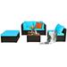 Patiojoy 5-Piece Outdoor Patio Sectional Rattan Wicker Conversation Sofa Set with Turquoise Cushions