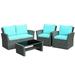 Patiojoy 4-Piece Rattan Wicker Patio Outdoor Furniture Sofa Set with Cushions & Tempered Glass Table Turquoise