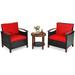 Patiojoy 3-Piece Patio Rattan Bistro Set Acacia Wood Frame Sofa and Side Table Red