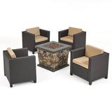 Noble House Wentz Outdoor 4 Club Chair Chat Set with Fire Pit Brown and Beige