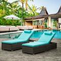 2 Piece Outdoor Patio Chaise Lounge PE Wicker Lounge Chairs with Adjustable Backrest Recliners and Side Table Reclining Chair Furniture Set with Cushions for Poolside Deck Patio Garden K2698