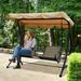 Outsunny 2-Person Porch Swing with Canopy Cup Holder Tray Brown