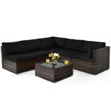 Patiojoy 6PCS Wicker Patio Sectional Conversation Furniture Set with Coffee Table & Seat Cushions Black