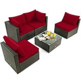 Patiojoy 5PCS Rattan Patio Furniture Set Cushioned Sofa Chair Coffee Table Set Easy Assemble Red
