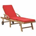 Dcenta Outdoor Sun Lounger with Sliding Table and Wheels Teak Wood Both Side Adjustable Chaise Lounge Chair Red Cushioned Poolside Backyard Garden Furniture 76.8 x 23.4 x 13.8 Inches (L x W x H)