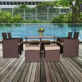 Patio Conversation Set 9 Piece Outdoor Furniture Sets with 4 PE Wicker Chairs 4 Ottomans Glass Table All-Weather Rattan Outdoor Patio Dining Set with Cushions for Backyard Lawn Garden LLL157