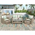 Outdoor Patio Furniture Set 4-Piece PE Rattan Wicker Patio Dining Table Set with Ottomans and Cushions Outdoor Conversation Sets with Glass Coffee Table Patio Bistro Set for Backyard Porch Q14461
