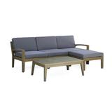 GDF Studio Parma Outdoor Acacia Wood 3 Seater Sectional Sofa Set with Ottoman Gray and Dark Gray