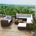 Anself 10 Piece Outdoor Sofa Conversation Set Brown Poly Rattan Sectional Cushioned Sofa Set with Coffee Table and Ottoman Lounge Garden Backyard Balcony Patio Furniture