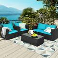 Gymax 4PCS Rattan Patio Conversation Set Outdoor Furniture Set w/ Turquoise Cushions
