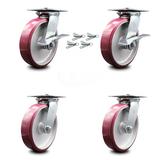 Heavy Duty Large Top Plate Poly on Alum Swivel Caster w/Main. Free Bearings Set 4 w/8" x 2" Maroon Wheels-Includes 2 Swvl w/Brakes and Bolt on Swvl Lck&2 Swvl w/Bolt on Swvl Lck - Service Caster Brand