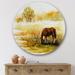 East Urban Home Horse Grazing On A Meadow - Farmhouse Metal Circle Wall Art Metal in Yellow | 11" H x 11" W x 1" D | Wayfair