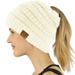 CC Ponytail Messy Bun BeanieTail Soft Winter Knit Stretch Beanie Hat (Solid Ivory)