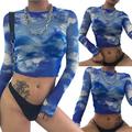 Hirigin Womens Casual Sheer Mesh See Through Crop Top Star Print Long Sleeve Tee Shirt Turtleneck Blouse