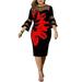 Besufy Women Dress 3/4 Sleeve Mesh Patchwork Floral Print Bodycon Knee-length Bodycon Dress