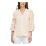 Calvin Klein Womens Ruffled Bishop Sleeves Button-Down Top