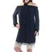 MICHAEL KORS Womens Navy Lace Long Sleeve Tie Neck Knee Length Shift Dress Size: S