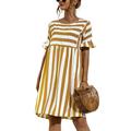 Avamo Women's Summer Midi Dress Round Neck Stripe Pattern Short Flowy Dress Office Lady Business Casual Tunic Top Dress Yellow S=US 4-6