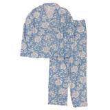 Womens Blue & White Floral Cotton Blend Pajamas Button Front Sleepwear Set