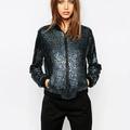 Women Sequin Coat Bomber Jacket Long Sleeve Zipper Streetwear Casual Loose Glitter Outerwear Blue