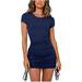 Women's Round Neck Ribbed Short Sleeve Drawstring Bodycon Dress