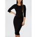 Womens Juniors Black Bodycon Midi Dress - Three Quarter Sleeve Dress - Stretchy Slip On Dress 50126P