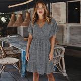 Tomshoo Women Summer Floral Print Dress Ruffles Short Sleeves V Neck Drawstring Tied Waist Boho Holiday Beach Party Casual Mini Dress