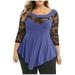 Women's Plus Size Floral Lace Solid Color Irregular Hem See-through Round Neck Top