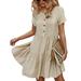 Niuer Women Short Sleeve Tiered Frill Midi Dress Beach Holiday Fashion Pleated Button Swing Dress Tunic Long Top Apricot M(US 8-10)