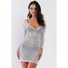 Rhinestone Studded Sheer Mesh Deep V-neck Long Sleeve Bodycon Dress M