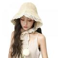 Women's Summer Packable Straw Chin Lace Strap with Eyelet Beach Hat Bucket Hat