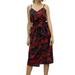 UKAP Women Summer Slim Dress V Neck Floral Tie Waistband Spaghetti Strap Cover Up Midi Sundress Split Red M(US 6-8)