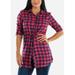 Womens Juniors Plaid Red Shirt - Long Sleeve Long Top - Button Up Red Plaid Tunic 40680M