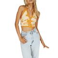 Women Halter Vest Y2K Stripe Heart Printed Knit Tank Top Slim Fit Polo Collar Backless Button Crop Top Streetwear