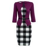 Square Neck Three Quarter Sleeve Plaid Patchwork With Belt Work Dress For Women