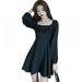 Women Summer and Autumn long sleeve Tunic Dress square neck Casual Loose Flowy Swing Shift,Waist length skirt Dresses L size