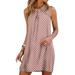 UKAP Women Casual Loose Swing Dress Halter Neck Boho Geometric Graphic Sleeveless Short Dress with Keyhole Pink 3XL(US 18-20)