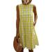 UKAP Women's Summer Midi Dress Sleeveless Tank Top Round Neck Check Pattern Loose Fit Short Flowy Pleated Dress Yellow L=US 10-12