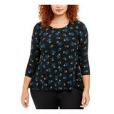 ANNE KLEIN Womens Black Printed 3/4 Sleeve Jewel Neck Top Size 2X