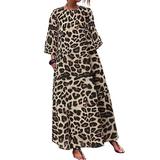 Women Leopard Polka Dot 3/4 Sleeve Casual Baggy Long Shirt Dress