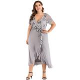 New Women Plus Size Dress Sequined Sheer Mesh V Neck Short Sleeve Ruffled Irregular Dress