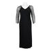 Cachet V-Neck Embellished Long Sleeve Gathered Side Zipper Back Jersey Mesh Dress (Plus Size)-BLACK