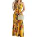 Women Bohemian Wedding Dress Sleeveless Halter Neck Vintage Floral Print V Neck Backless Dress