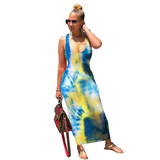 ZIYIXIN Women Tie Dye Sheath Print Dress, U-Shaped Neck Lace Up Back Maxi Dress Summer