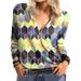 UKAP Women Blouse Long Sleeve Geometric Print T Shirt Casual V Neck Tunic Tops Pullover S-5XL